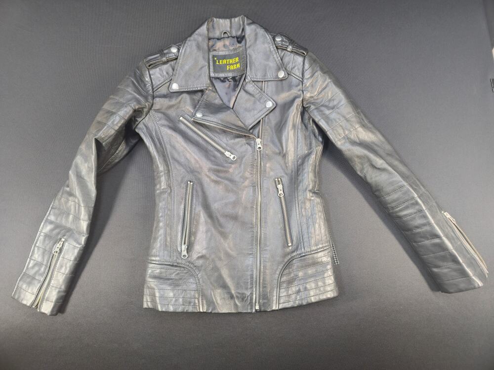 Leather Farm Womens XS Genuine Leather Moto Biker Jacket Black Asym Zip Quilted